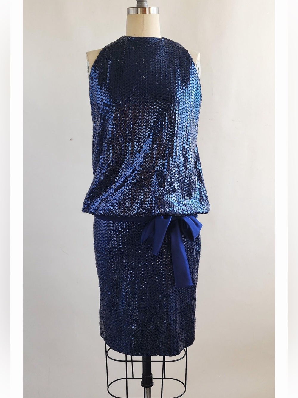 I.Magnin navy Blue Sequined drop waist mini sleeveless Dress early to mid 1980’s